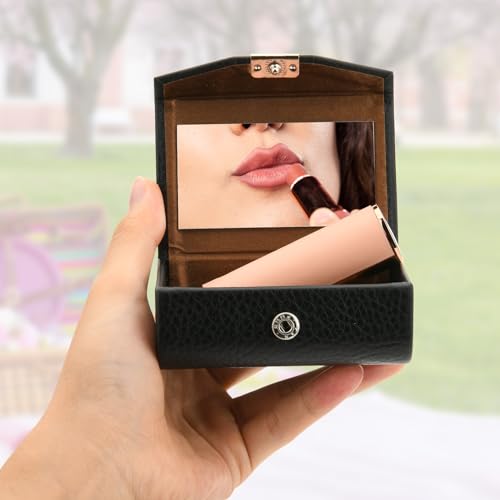 Beautyflier Large Lipstick Case with Mirror, Women¡¯s PU Leather Lipstick Case Holder for Purse with Mirror Rectangle Makeup Travel Cases, Women's Portable Lipstick Pouch Travel Cosmetic Case (Black)