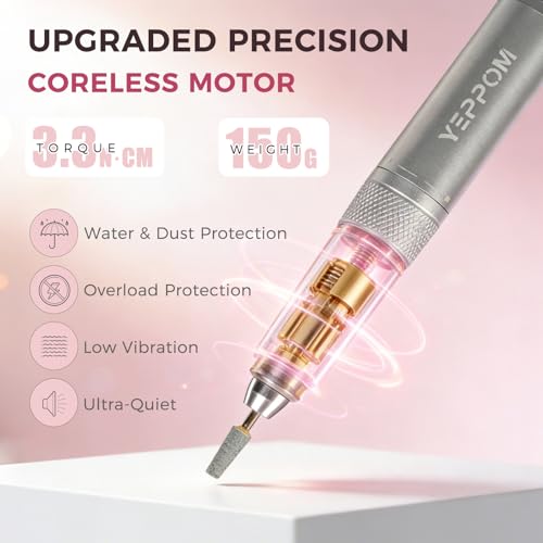 Electric Nail Drill Professional with Ultra-Quiet Coreless Motor, 35000 RPM Cordless Nail File Kit for Acrylic Gel Nails, Low Vibration & Heat, Portable E-File for Home & Salon (Pink)