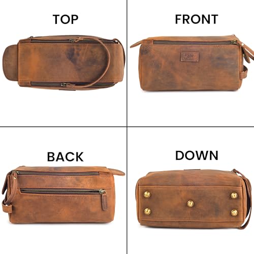 Rasavi Genuine Leather Travel Toiletry Bag for Men & Women, Handcrafted Vintage Dopp Kit, Water-Resistant Shaving & Bathroom Essentials Organizer - Distressed Brown