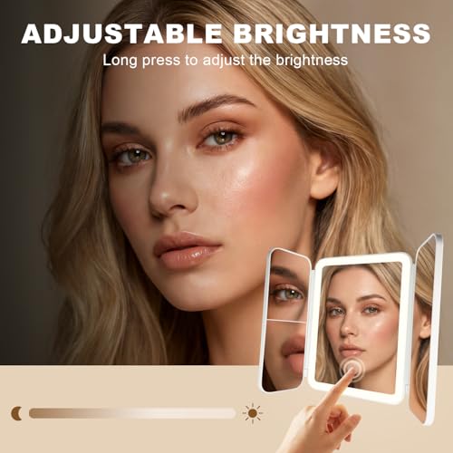 Trifold LED Vanity Mirror with Lights, Bathroom Shower Mirror with Powerful Suction Mount, Rechargeable Makeup Mirror with 2X/3X Magnification, 3 Color Lights & Brightness Adjustable
