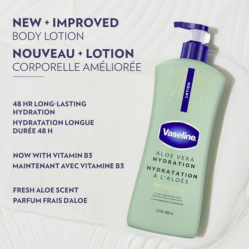 Vaseline Intensive Care Body Lotion for Dry Skin Soothing Hydration Lotion Made with Ultra-Hydrating Lipids + 1% Aloe Vera Extract to Refresh Dehydrated Skin 20.3 oz, Pack of 3 (packaging May Vary)