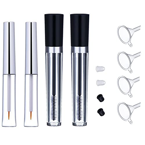 Empty Eyelash Mascara Tube and Eyeliner Wand, 8ml Mascara Tube Wand Eyelash Container Bottle, 7ml Empty and Eyeliner Tubes Transparent 4 Packs with Rubber Inserts, Funnels for DIY Castor Oil