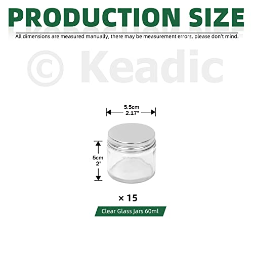 Keadic 15 Pcs 60ml/2oz Glass Jars with Lids Assortment Set, Mini Round Airtight Canning Sample Jars with Silver Lids, Tiny Makeup Containers Empty Cosmetic Containers for Lotions Powders Liquid Creams