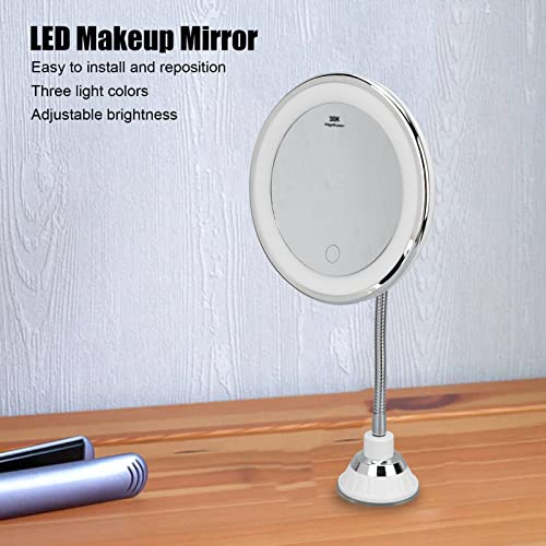 Zetiling 10x Magnification LED Makeup Mirror, Wall Mount, Round, 17.3"L x 6.9"W, Black Frame, Modern Style, Adjustable Brightness, Three Light Colors, Suction Cup Design