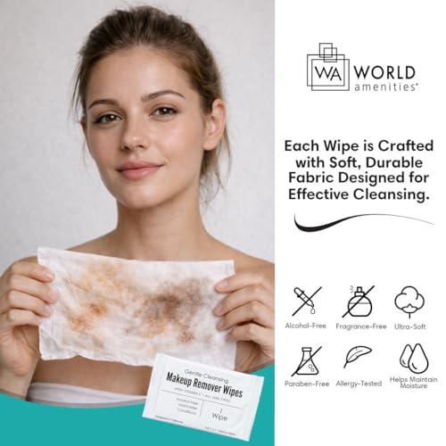 World Amenities - Makeup Remover Wipes - Alcohol Free - Vitamin E Face Wipes for Sensitive Skin Comfort - Individually Wrapped - Travel Friendly Facial Cleansing Wipes - 50 Count