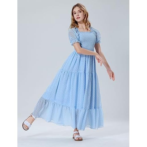 Mebius Girls Maxi Dress Long Smocked Dresses Swiss Dots Square Neck Short Sleeve Casual A-line Flowy for 6-12 Years