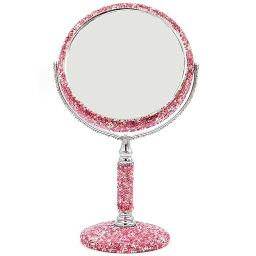 Bling Rhinestone Double-Sided Tabletop Makeup Mirror, Round Metal Makeup Mirror with 1:2 Magnifying Mirror, Rotating Mirror (Pink)