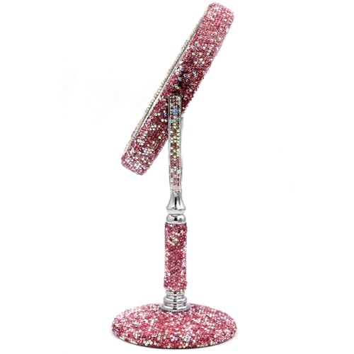 Bling Rhinestone Double-Sided Tabletop Makeup Mirror, Round Metal Makeup Mirror with 1:2 Magnifying Mirror, Rotating Mirror (Pink)