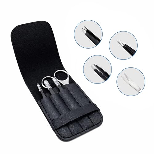 MGER Tweezers Set - Professional Stainless Steel Tweezers for Eyebrows - Great Precision for Facial Hair, Splinter and Ingrown Hair Removal (Black)