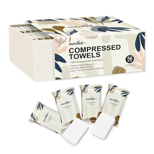 Ourmed Life Compressed Towel Tablets ? Portable, Individually Wrapped Disposable Face Towels, Quickly Expand with Water, Soft & Lint-Free, 12¡®¡¯x10¡®¡¯ for Travel, Camping, Hiking, Backpacking (56 Count)