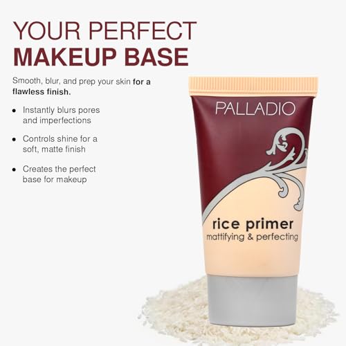 Palladio Rice Primer, Formulated with Natural Rice, Controls Oil on Your Skin and Locks in Makeup, Lightweight with a Smooth Matte Finish, Reduces Facial Shine, All Skin Types, Beige, 0.71 Fl Oz