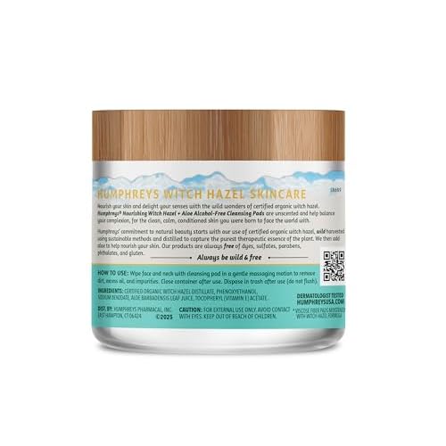 Humphreys Witch Hazel Nourishing Cleansing Pads | Wild Harvested Witch Hazel & Aloe | Hydrating, Natural Alcohol-Free Formula | 60 Rounds