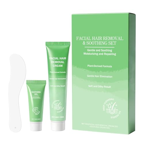 Facial Hair Removal Cream Kit - Painless 2-in-1 At-Home Hair Remover for Women, Includes Soothing Gel for Sensitive Skin, Gentle on Upper Lip, Chin & Facial Areas