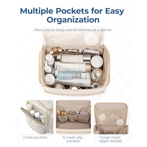 BAGSMART Travel Toiletry Bag, Large Wide-open Travel Bag for Toiletries, Makeup Cosmetic Travel Bag with Handle-Beige