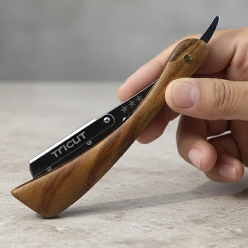 Professional Straight Razor with Wooden Handle Stainless Steel Blade Holder Barber Shaving Razor for Men Folding Shavette with Star Design Salon & Home Use