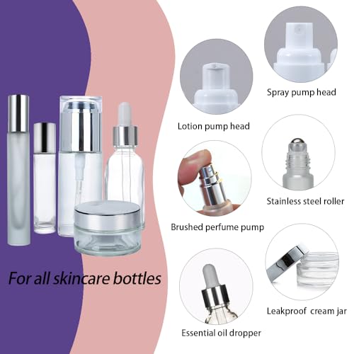 18Pack Glass Travel Bottles for Toiletries, TSA Approved Glass Travel Containers 1.35/0.7/1 oz Silver Small Travel Bottles with Label, BPA Free Leak Proof with Pump Spray Bottles for Makeup, Skincare