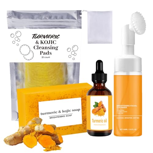 Turmeric Wash and Care 4 Piece Set, Turmeric Face Wash with Brush, Gentle Cleansing Moisturizing Skincare Set for Face Soap Bar | Mousse Cleanser | Essential Oil | Cleansing Pads