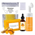 Turmeric Wash and Care 4 Piece Set, Turmeric Face Wash with Brush, Gentle Cleansing Moisturizing Skincare Set for Face Soap Bar | Mousse Cleanser | Essential Oil | Cleansing Pads