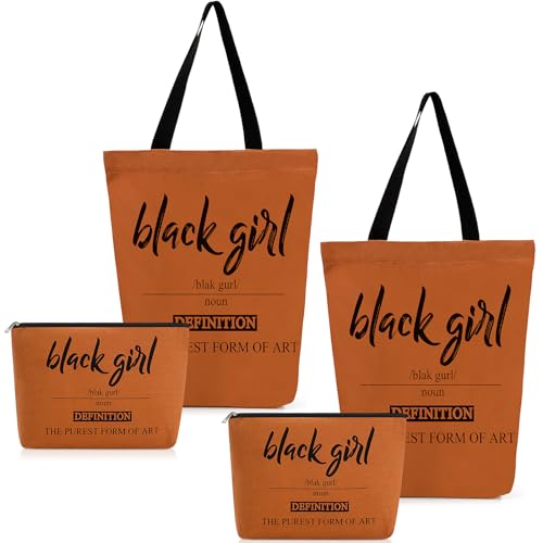 Paterr 2 Sets African Tote Bag for Women Brown Canvas Tote Handbags for Black Girls with Makeup Bag Set Fit Work Travel Beach Laptops with Zip Party Supplies