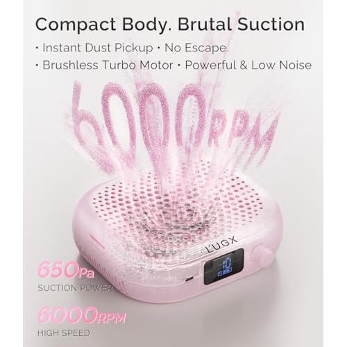 L'UGX Rechargeable Nail Dust Collector Profesional ? Compact Dust Collector Nail Tech with Strong Suction, 10-Speed Turbo Fan, LED Display Nail Dust Cleaner for Home & Salon Use -Pink