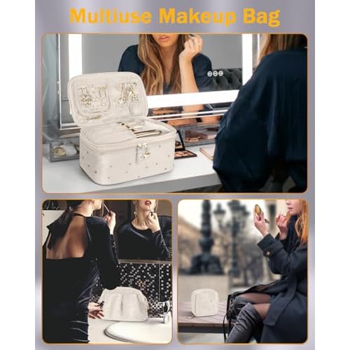 Wedama Makeup Bag, Double-layer Cosmetic Bag with Jewelry Storage and Brush Holders 3 Pcs Velvet Makeup Bag Set Travel Makeup Organizer Bags Portable Cosmetic Case Toiletry Bag for Women Girls, Beige
