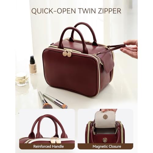 Prite Travel Makeup Bag Women¡¯s Large Capacity Waterproof Cosmetic Organizer Portable Open Flat Toiletry Case with Free-standing Brush Holder and Handle(Burgundy Large)