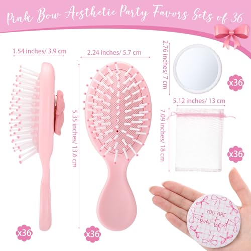 36 Set Coquette Party Favors for Women Pink Bow Coquette Mirrors with Mini Hair Brush and Organza Bag Inspirational Aesthetic Preppy Favors for Slumber Birthday Bow Themed Party Supplie
