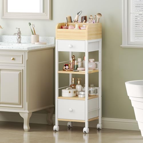 HOOBRO Makeup Organizer Cart with Fabric Drawers, Mobile Makeup Storage with Swivel Casters and Leveling Feet, Cosmetics Display Holder for Bathroom and Bedroom Vanity, White and Natural WN20TC04