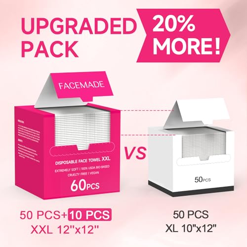 FACEMADE 120 Count XXL Disposable Face Towels 12" ¡¿ 12", 100% USDA Biobased Face Towelettes Disposable, Clean Facial Towels for Makeup and Clean Skin, Super Soft and Thick Dry Wipes Club