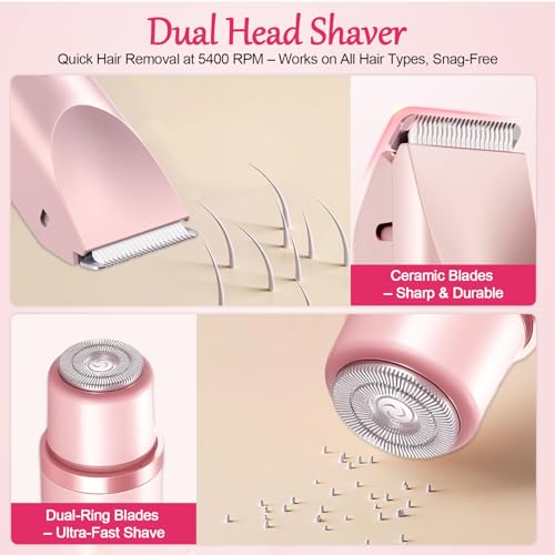 Bikini Trimmer for Women, 2-in-1 Painless Bikini Shaver with Ceramic Blade, Dual-Head Electric Shaver, Ipx7 Waterproof for Shower & Travel, Womens Electric Razor for Armpit Leg Body Facial, Pink