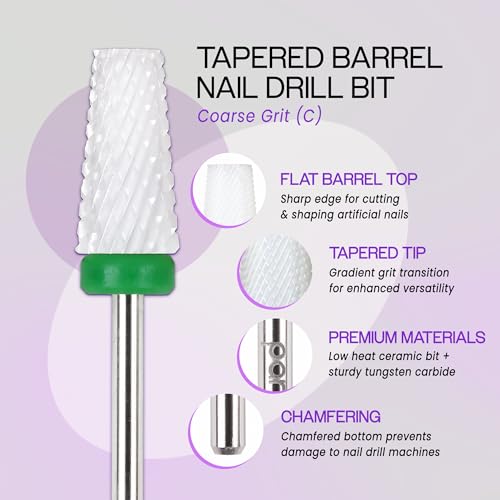PANA Tapered Barrel Ceramic Bit 3/32" Shank Size - (Ceramic, Coarse Grit) - Fast remove Acrylic or Hard Gel Nail Drill Bit for Manicure Pedicure Salon Professional or Beginner