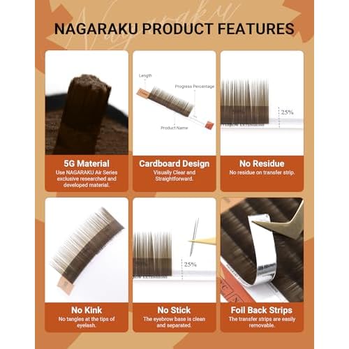 NAGARAKU Eyebrow Extensions, Air Series Brow Extension False Eyelashes Straight Curl for Bottom Lower Lash Grafting 16 Rows Black Soft Natural for Professional Salon Use - 0.07mm, Brown, 9/10/11mm
