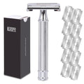 Safety Razor for Men, Premium Stainless Steel Butterfly Open Comb DE Razor, Weighted Heavy Handle with 10 Double Edge Blades, Mirror Polished Silver - Luxury Gift Set for Dad, Groom