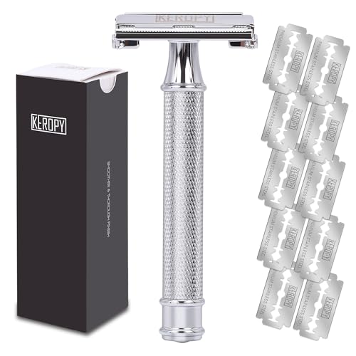 Safety Razor for Men, Premium Stainless Steel Butterfly Open Comb DE Razor, Weighted Heavy Handle with 10 Double Edge Blades, Mirror Polished Silver - Luxury Gift Set for Dad, Groom