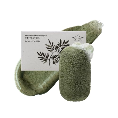 SIOT Herbal Mucin Facial Soap Bar | Hydrating & Soothing with Coconut, Jojoba, Olive Oil, Green Tea, and Mugwort ? Handmade, Cleanser for Acne & Sensitive Skin | 3.2ozX1ea