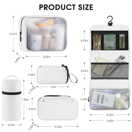 4-Piece Travel Toiletry Bag Set, Hanging Toiletry Bag Premium Faux Leather, Toiletry Bag for Women & Men, Travel Essentials Makeup Bag Water-resistant, White