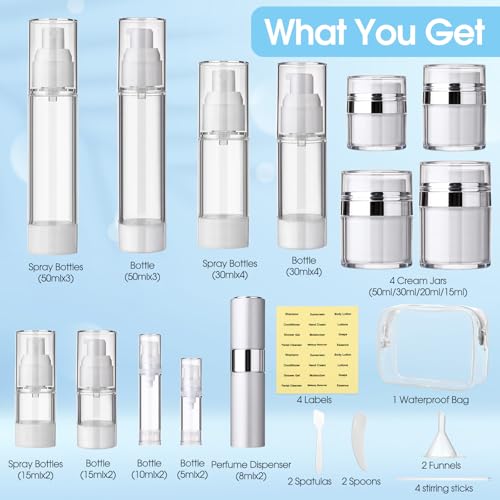 Meanplan 43 Pack Airless Pump Jars Set 1.7/1/0.7/0.5/0.34/0.17oz Clear Skincare Containers with Label Bag Refillable Makeup Skincare Travel Size Empty Bottles for Toiletries, Lotion, Liquid, Cream