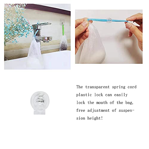 40PCS Exfoliating Soap Mesh Saver Pouch Bag and 3 PCS Transparent Hook and 5 PCS Transparent Spring Cord Plastic Lock for Shower Face Washing,Easy to Bubble and Store Small Soap