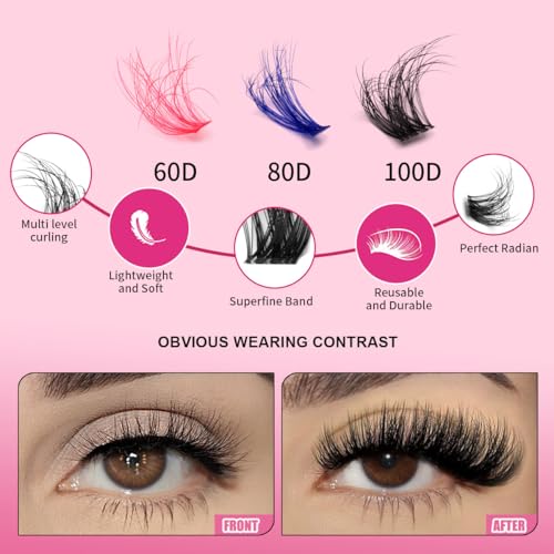 3-Color Eyelash Extension Kit, 60D/80D/100D Fluffy D-Curl Cluster Lashes - Fake Mink Volume Lashes for DIY, Includes 1 Pink Eyelash Curler