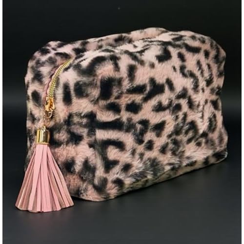 Tristan Home Plush Leopard Print Cosmetic/Toiletry Bag with Brown Tassel, Faux Fur Makeup Pouch, Small Handbag, Gold Zipper, Medium (Pink)