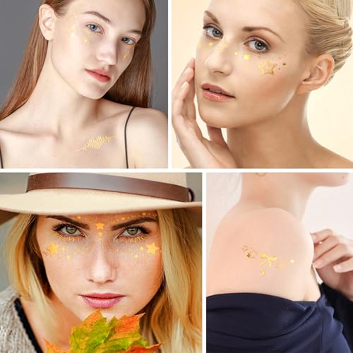 10Pcs Gold Glitter Star Freckles Tattoo Sticker,Faux Freckle Patches Waterproof Temporary Tattoos Heart Design,Gold Glitter Freckles Face Tattoo,Cute Glitter Makeup Accessories for Women Girls