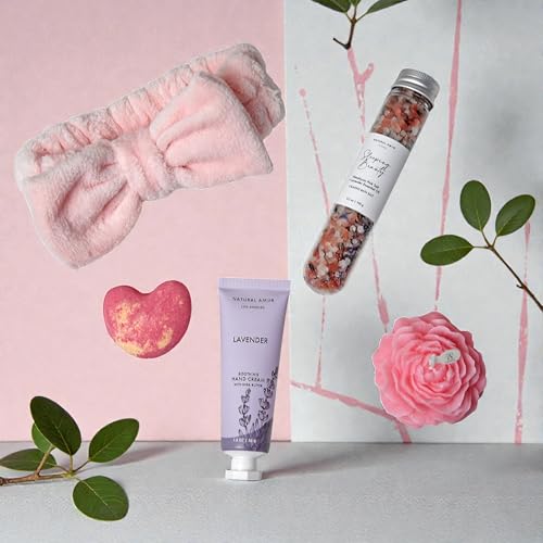 Natural Amor Bath & Spa Gift Set for Women ? Floral Relaxation Self Care Box with Headband, Rose Candle, Heart Bath Bomb, Hand Cream, Pink Salt ? Birthday, Valentine¡¯s Day Gift