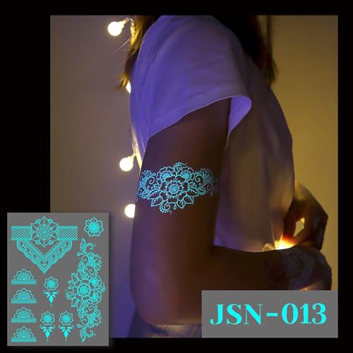 Glow-in Dark Temporary Tattoos Set- 6Sheets Luminous Flower Henna Fake Tattoo Sticker Sexy Lace Henna Waterproof Removable Tattoos for Face Body Night Tattoos Party Supplies Decoration(fluorescence)