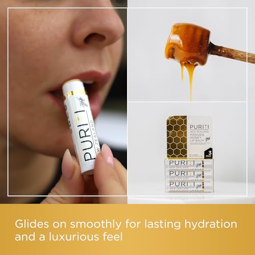 PURITI Manuka Honey Lip Balm ? 3pack Soothing & Moisturizing, Enriched with Almond, Jojoba, Macadamia Oils, Cocoa Butter, Hydrating for Dry & Chapped Lips, 100% Genuine New Zealand Manuka Honey