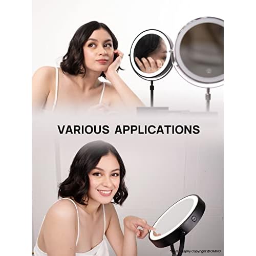 OMIRO 1X/10X Makeup Mirror with Lights,8.5 Inches Double Sided Vanity Mirror with Height-Adjustable Stand,Magnifying Mirror with 3 Color Light (Black)
