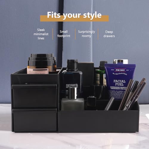 Black Vanity Organizer with Drawers ? Large Mens Countertop Storage Box for Cologne, Skincare, Makeup, Perfume ? Waterproof Dresser Organizer for Bathroom, Bedroom, Desk