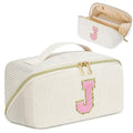 Personalized Initial Makeup Bag, Valentine's Day Gifts for Girls,Preppy Bag Cosmetic Travel Bag Women,Travel Toiletry Organizer,Large Capacity Corduroy Stuff Bag,Cute Cosmetic Pouch Skincare Bag