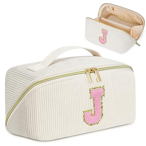 Personalized Initial Makeup Bag, Valentine's Day Gifts for Girls,Preppy Bag Cosmetic Travel Bag Women,Travel Toiletry Organizer,Large Capacity Corduroy Stuff Bag,Cute Cosmetic Pouch Skincare Bag