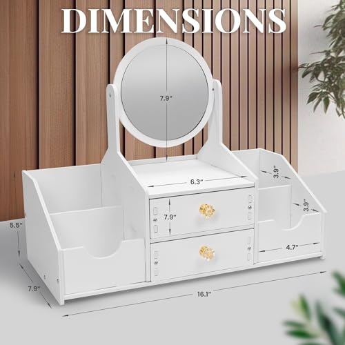 Wooden Makeup Organizer ? Countertop Makeup Organizers with Mirror, Drawers ? Cosmetic Organizer for Brushes, Skincare ? Elegant Make Up Storage Holder for Vanity, Bathroom, Dresser
