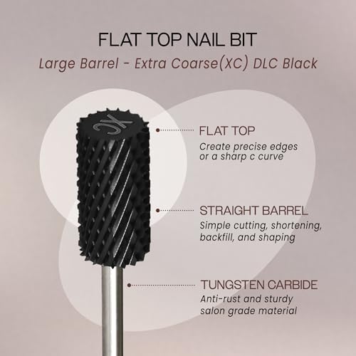 PANA Professional 3/32" Shank Size - Flat Top Large Barrel Carbide Bit - Nail Drill Bit for Dremel Machine (Silver, Gold, DLC Black) (Extra Coarse, DLC Black)